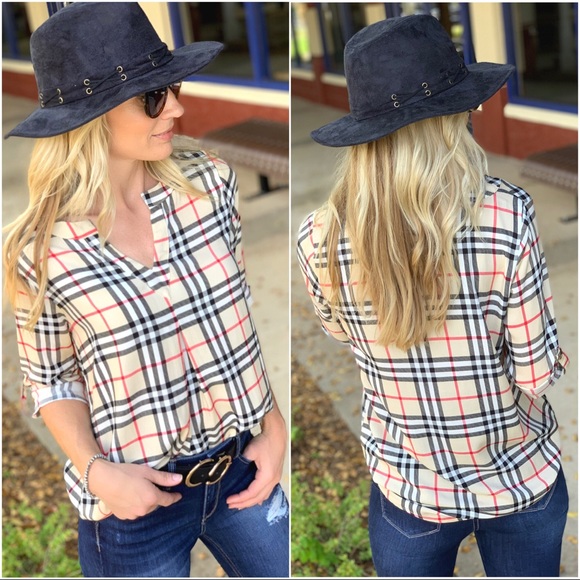 Infinity Raine Tops - ✨LAST ONE✨Taupe plaid pleat Front roll tan sleeve